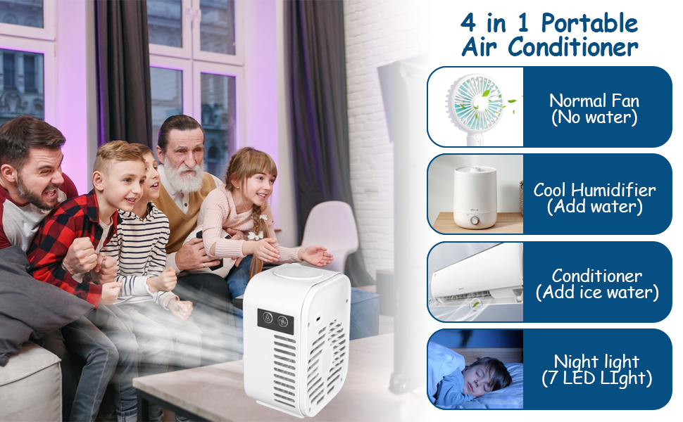 The portable air conditioning unit has 4-in-1 functions: regular fan, cooling humidifier, ice water regulator and LED night light function.