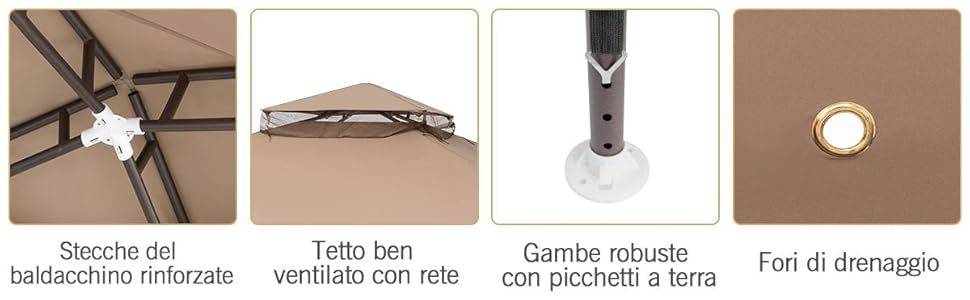 COSTWAY Gazebo Da Giardino Con Zanzariera 3 X 3 M, Struttura In Acciaio E 4 Tendine Poliestere Laterali, Beige 11 1