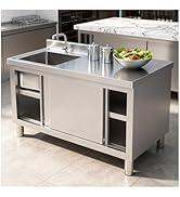 SJJALAKAJA Commercial Sliding Door Sink Cabinet Sink Workbench with Cabinetry Stainless Steel Kit...