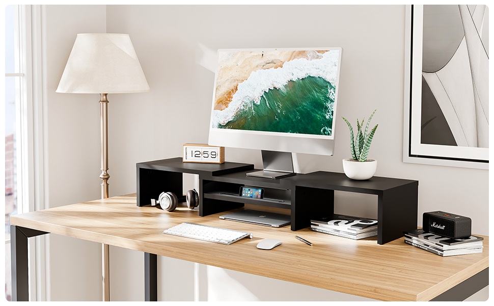 Dual Monitor Stand Riser, Wood Computer Stand for Desk with