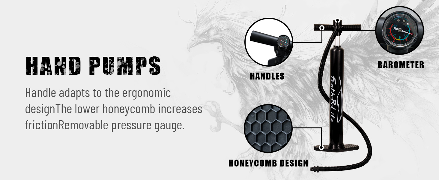 Hand pump with ergonomic handle, removable pressure gauge, and honeycomb-textured base. Features include adjustable handle and barometer for pressure monitoring.