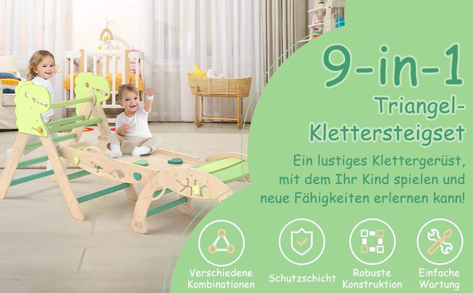 Text reads '9-in-1 Triangel-Kletterstiegset'. Multiple images showing wooden climbing triangle equipment with children using it in an indoor setting.