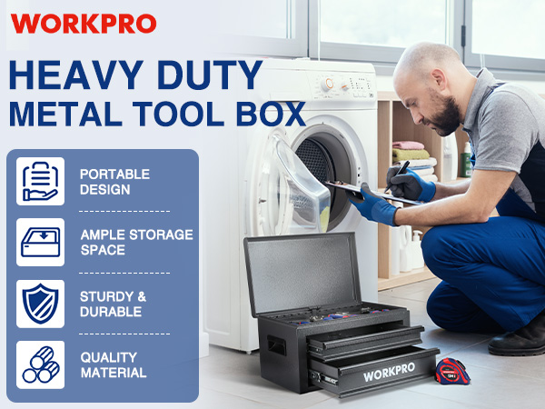 WORKPRO 15 Inch Metal Tool Box with 2 Drawers & 1 Top
