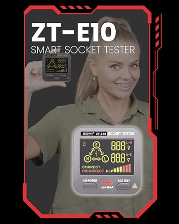ZT-E10 Smart Socket Tester device with digital display showing voltage and wiring status. Handheld electronic tool for testing electrical outlets.