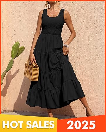 Women's 2025 Casual Loose Plain Maxi Sundress Smocked Tank Dress Sleeveless Summer Long Dresses