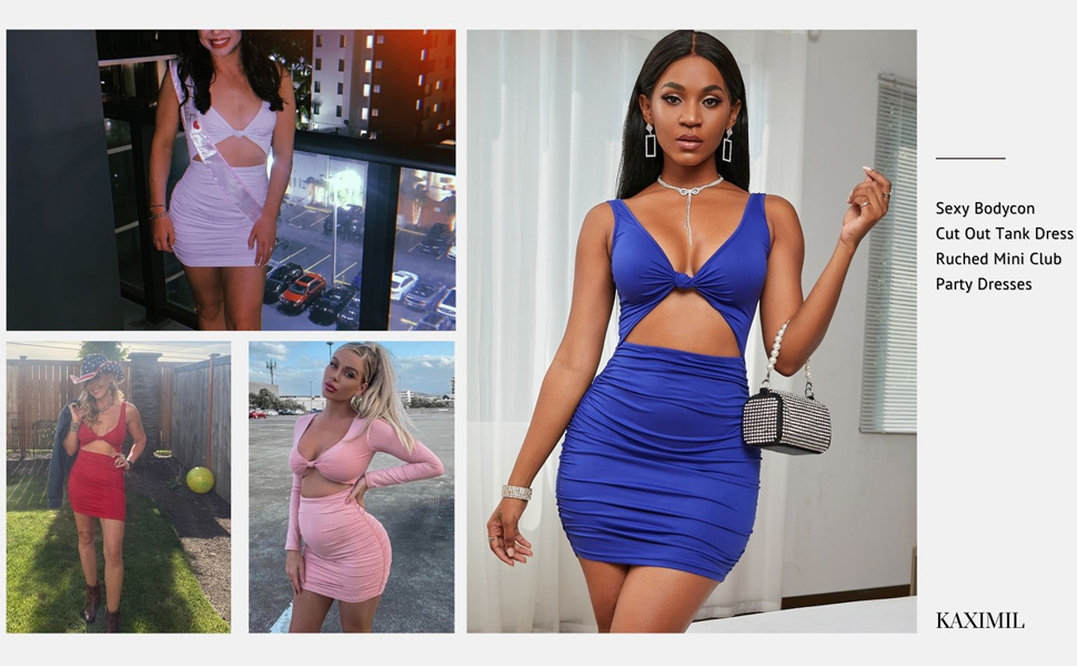 Sexy Bodycon Sleeveless Cut Out Ruched Tank Mini Club Party Dresses