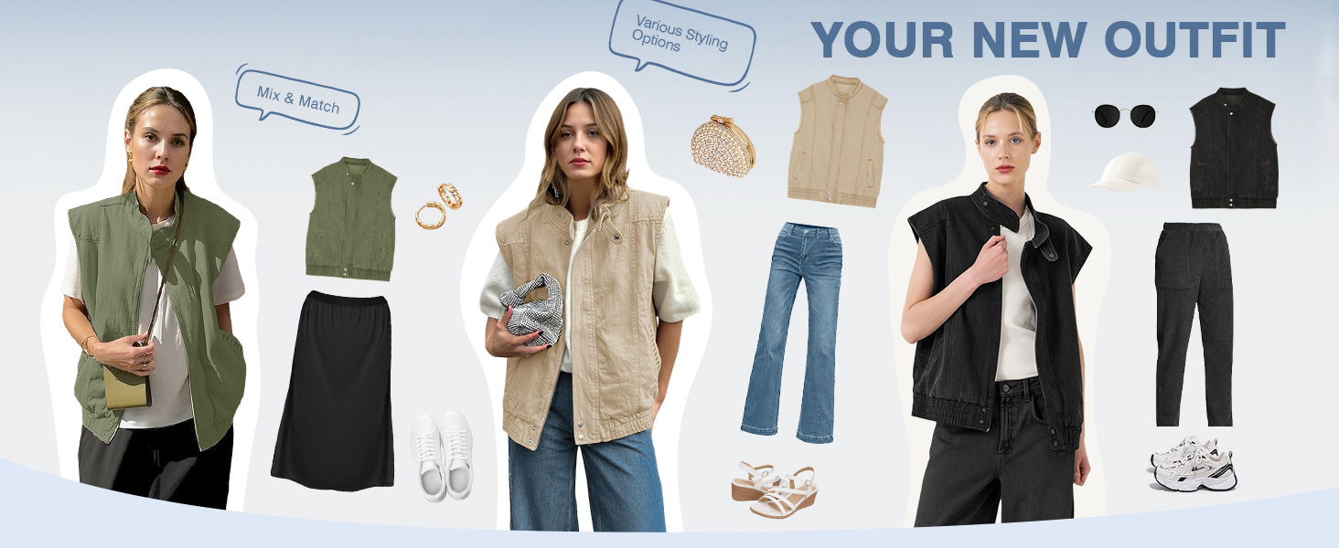 Womens Denim Vest Stand Collar Zip Up Jean Vest Utility Cargo Sleeveless Oversized Jackets