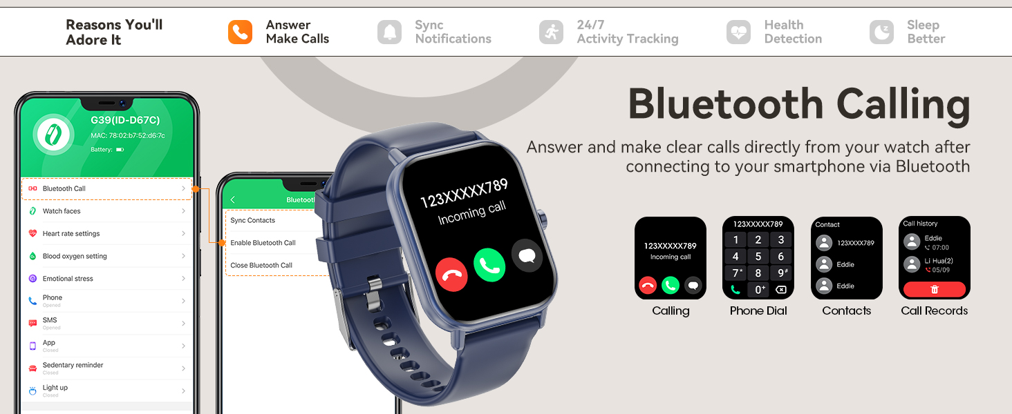 Smartwatch with blue strap displaying Bluetooth calling feature. Screen shows incoming call interface. Additional panels demonstrate call-related functions on the watch face.