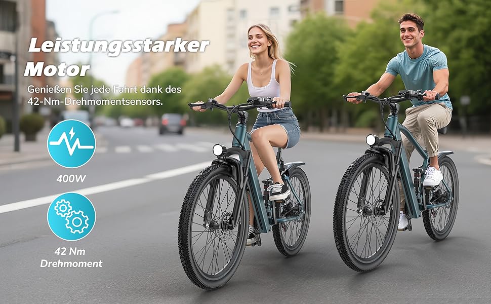 Text reads 'Leistungsstarker Motor'. Two people riding electric bikes on a road. Icons showing motor and battery features visible in corner.