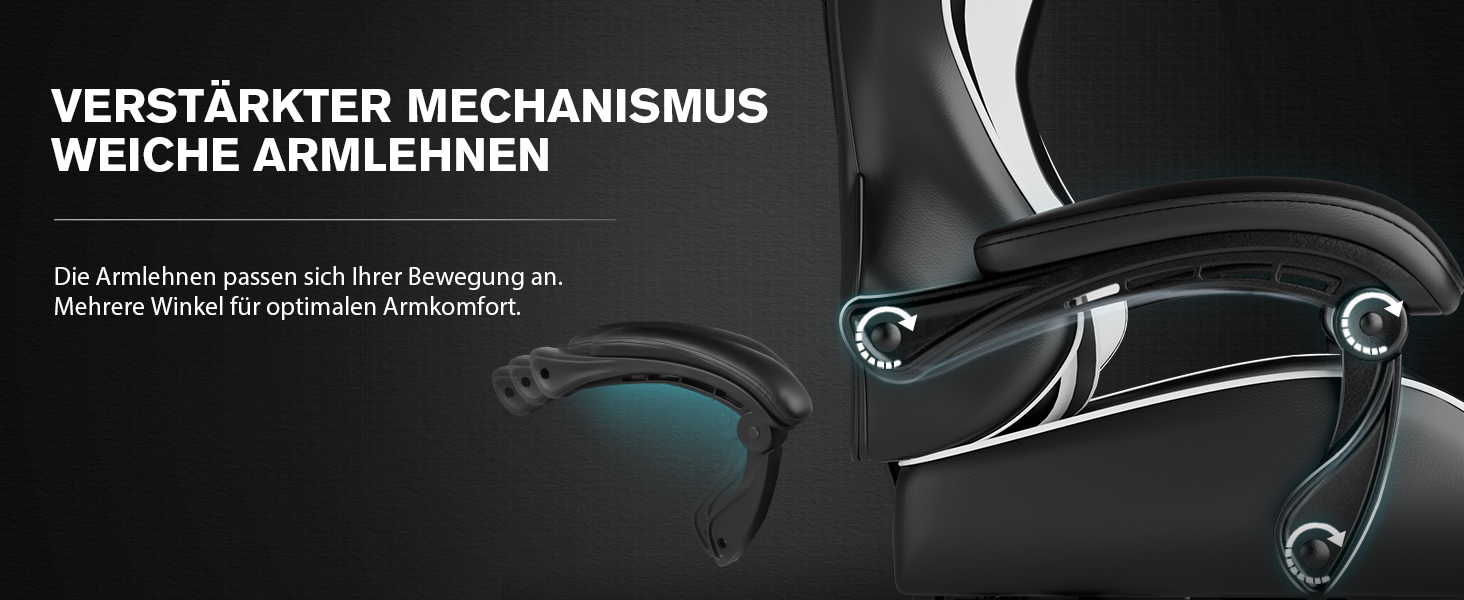 Der Text lautet „VERSTÄRKTER MECHANISMUS WEICHE ARMLEHNEN“. Technisches Diagramm mit Einzelheiten zum Produktmechanismus.