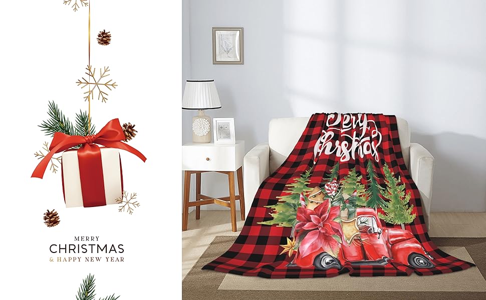 Christmas Blanket Super Soft Truck Buffalo Plaid Prints