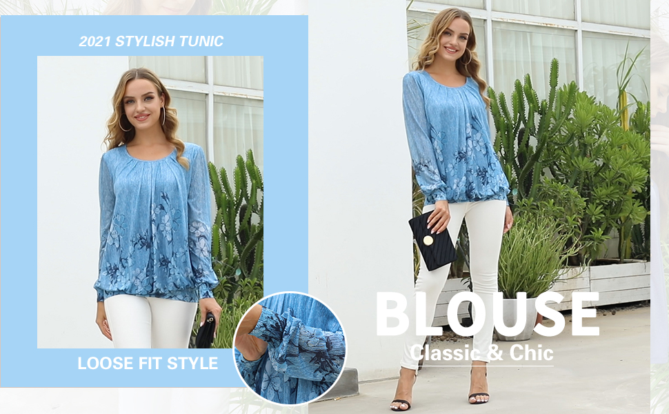 Women&#39;s Long Sleeve Scoop Neck Pleated Front Fitted Blouse Tops