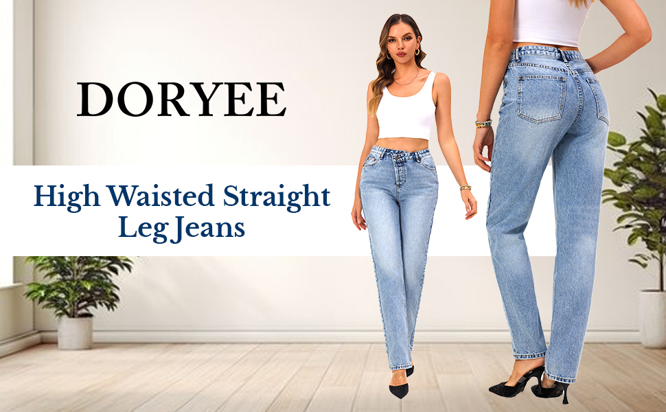 Doryee Women's High Rise Straight Leg Denim Jeans (US