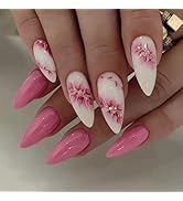 Press on Nails Almond Short Fake Nails Pink Flower False Nails with 3 D Gold Glitter Designs Pink...