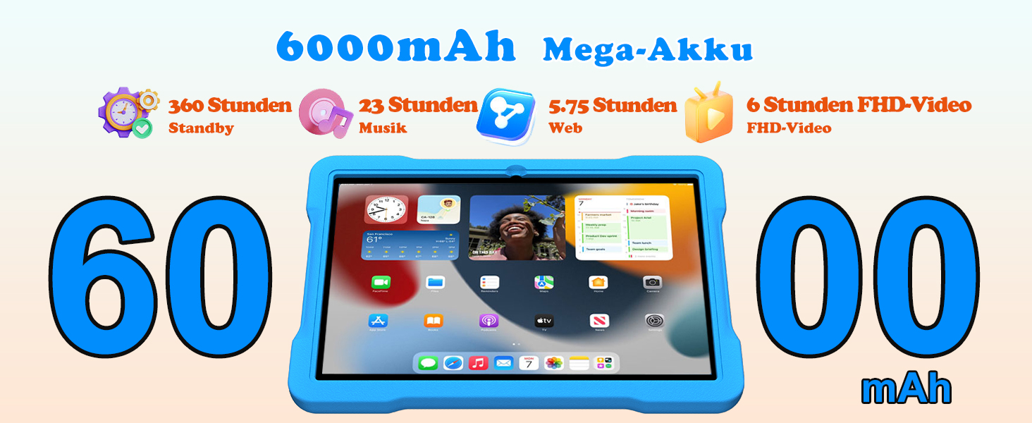 Blaues Tablet-Gerät mit 6000-mAh-Akkukapazitätsanzeige und mehreren App-Symbolen auf dem Bildschirm