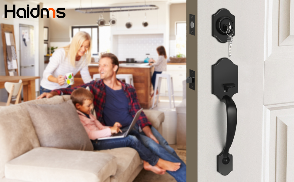 Haidms Black Front Door Handle and Deadbolt Set, Front Door Lock Set