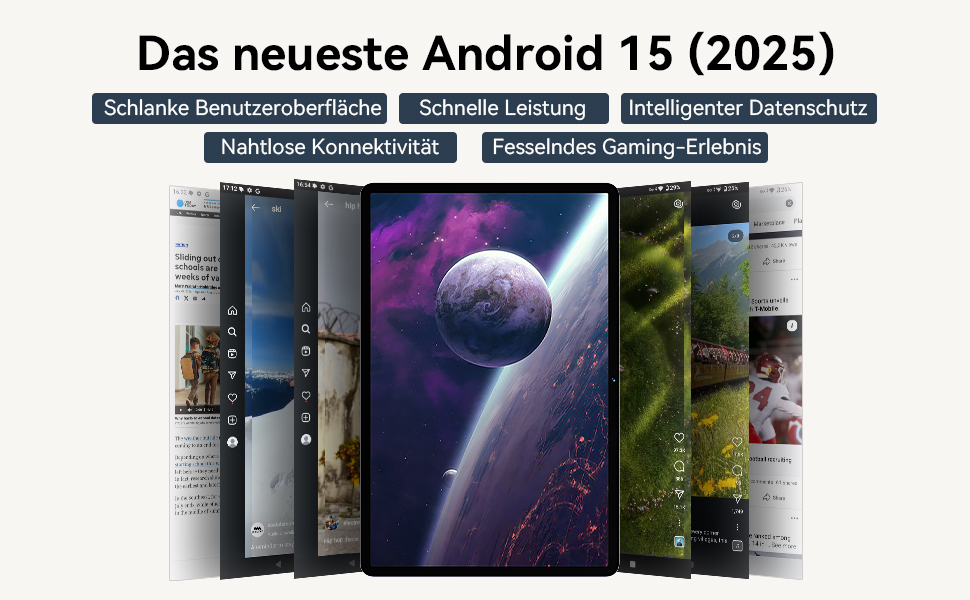 Text reads 'Das neueste Android 15 (2025)'. Collage of smartphone wallpapers showing space scenes and abstract designs arranged in vertical strips.