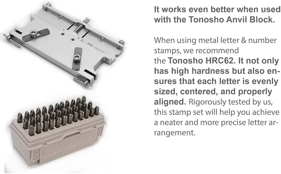 Tonosho metal letter stamp set with HRC62 anvil block and alignment clamp for precise stamping