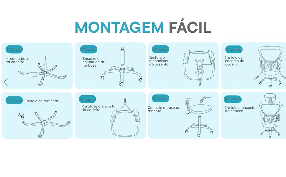 montagem fácil manual didático e intruitivo cadeira ergonômica confortável