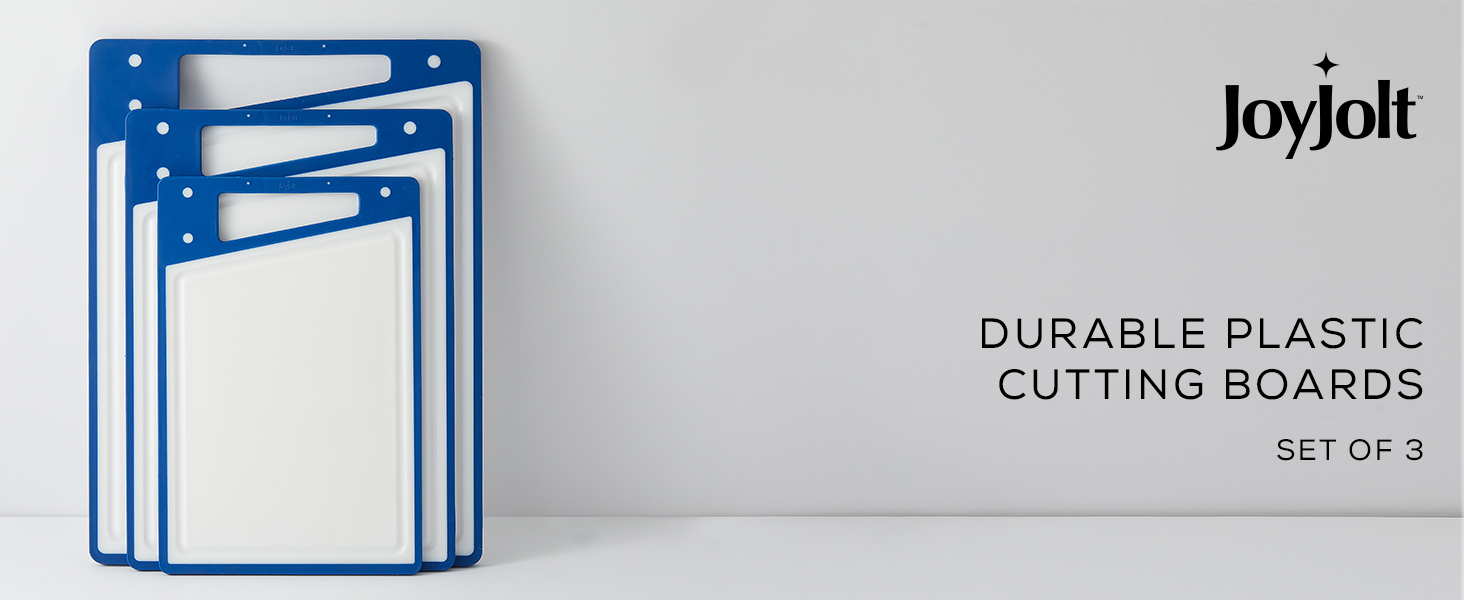 JoyJolt Plastic Cutting Board Set. White and Blue Cutting