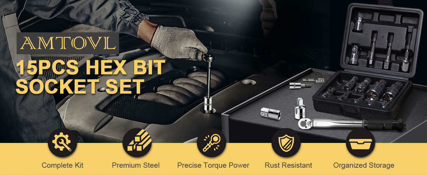 AMTOVL 15-piece hex bit socket set in a black case. Product features include chrome vanadium steel, precise fit, and corrosion resistance.