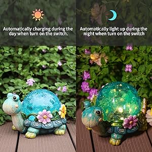 Garden Statue Turtle Figurine - Solar Powered Resin Animal Sculpture with LED Warm String Light