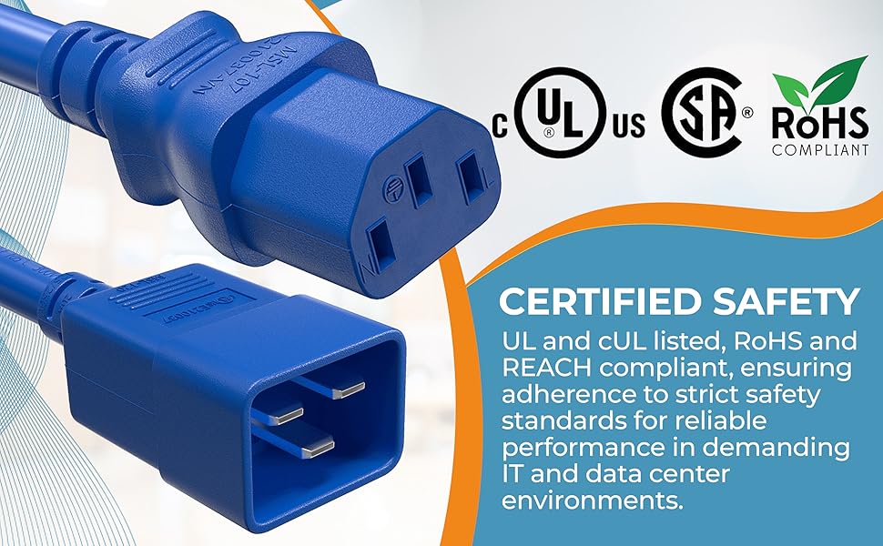 IEC320 C20 to C13 Heavy Duty Power Cord, 14AWG, SJT, 15A/250V
