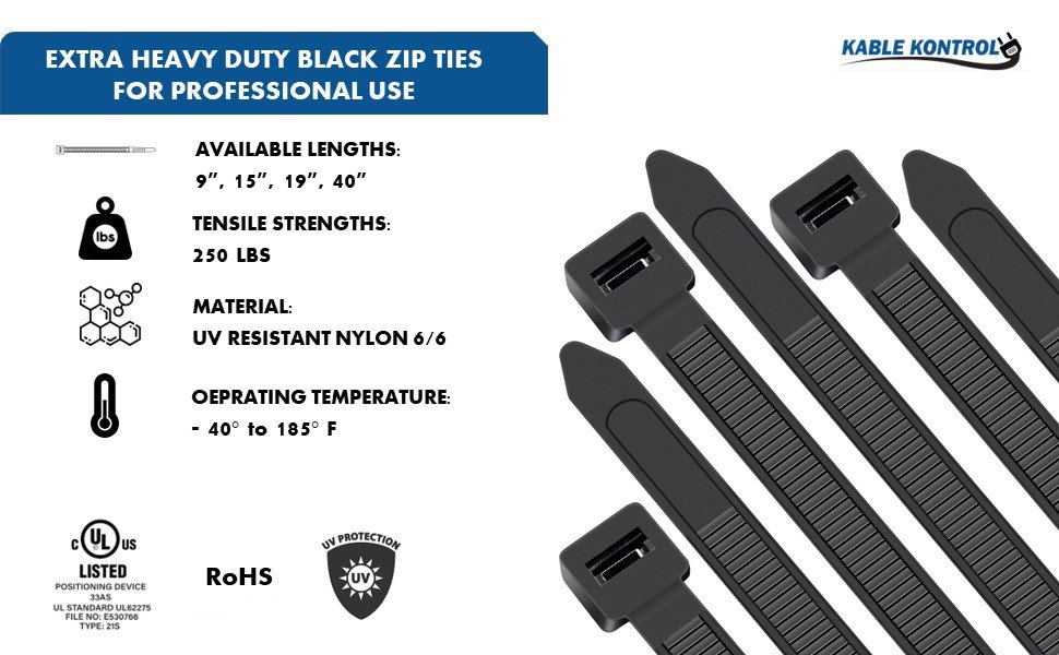 Kable Kontrol Heavy Duty Cable Zip Ties 100 Pcs 15 Inch Black, 250 Lbs