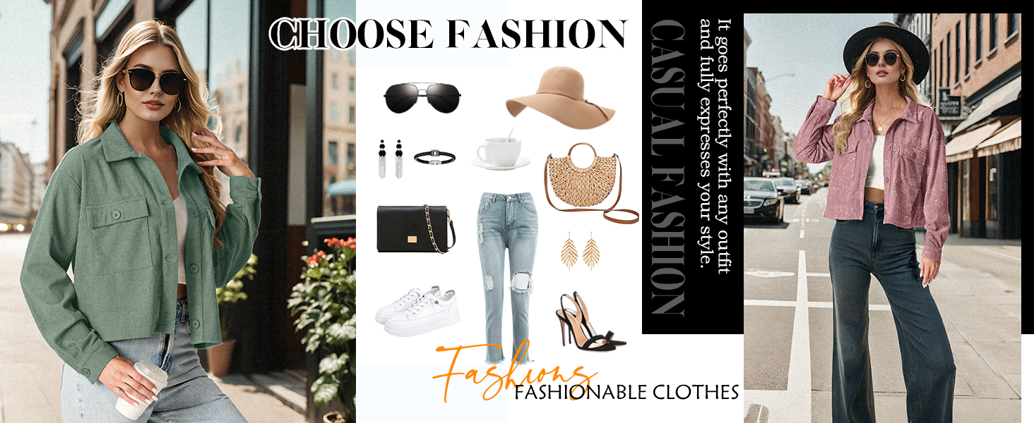 Fashion collage featuring various clothing items and accessories, including sunglasses, jeans, and handbags, alongside images of women in stylish outfits.