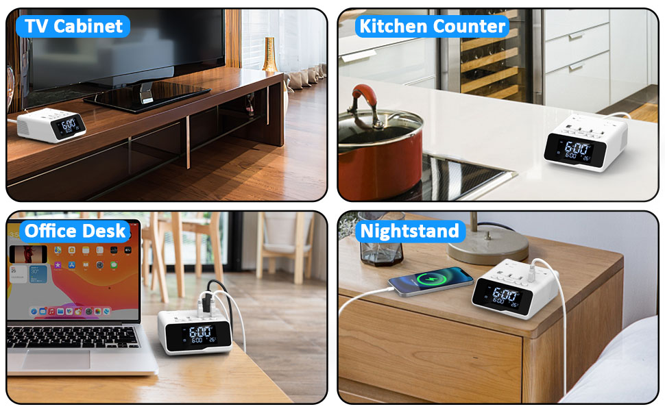 QBA Digital Alarm Clock with USB Ports, Power Strip Surge