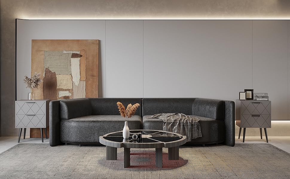 Nightstand with 2 Drawers, Gray Bedside Table Side Table, Modern Night