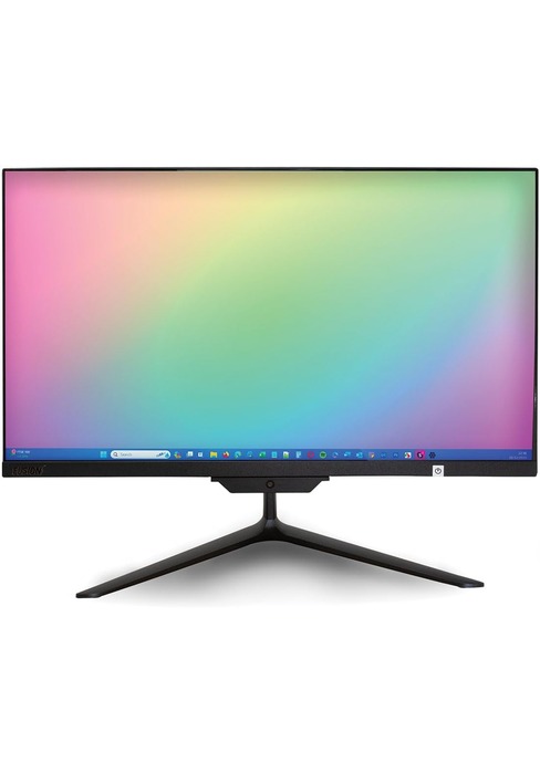 Sleek computer monitor with thin bezels displaying colorful gradient background. Monitor has a sturdy stand with a modern design.