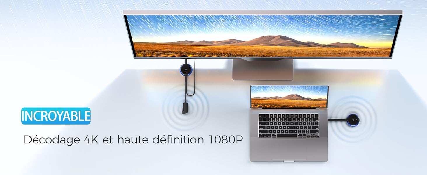 Grand téléviseur mural affichant une image de paysage. Ordinateur portable plus petit ci-dessous montrant la même image. Le texte mentionne les résolutions « 4K » et « 1080P ».