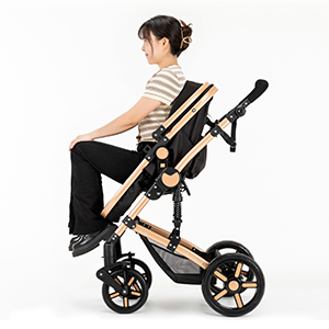 Foldable stroller with gold and black frame, large wheels, and adjustable handlebar. Shown with a person seated to demonstrate its use.