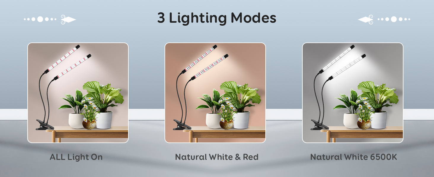 3 lighting modes, all light on, natural white and red , natural white 6500K