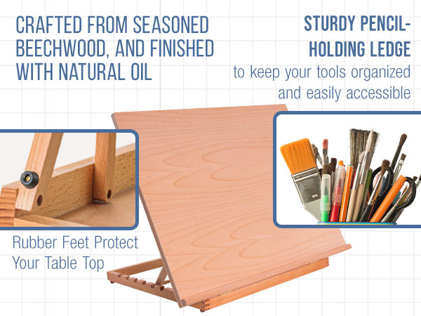 U.S. Art Supply 26x21 adjustable wood drawing board with 6 angles, pencil ledge, T-square, beechwood