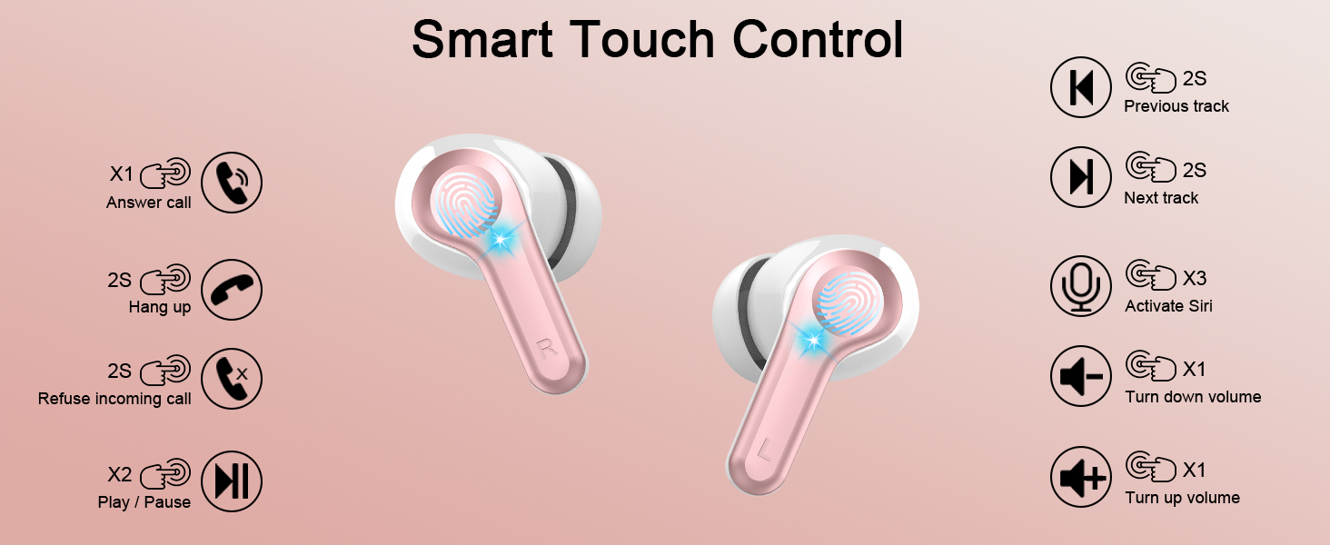Technical diagram of wireless earbuds with smart touch controls, showing various touch command functions and features with icons on pink background.