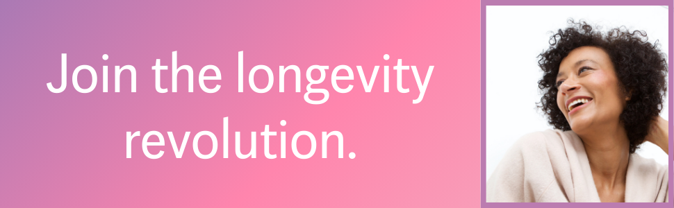 purple and pink gradient background with woman smiling next to white text