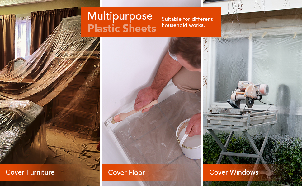 Raulde Pack of 3 Plastic Dust Sheets for Decorating Heavy Duty