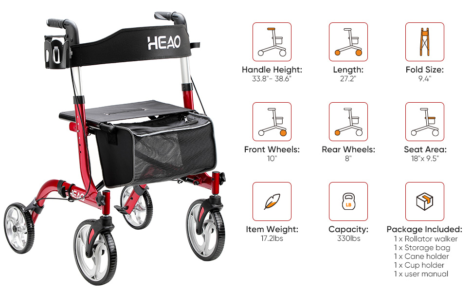HEAO Rollator Walker for Seniors,10" Wheels Walker with Cup