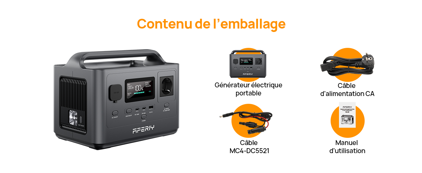 avec écran LCD et prises multiples. Le contenu de l'emballage comprend un chargeur de voiture, un adaptateur secteur, un câble MC4-DC5521 et un manuel d'utilisation. Texte : « Contenu de l'emballage ».