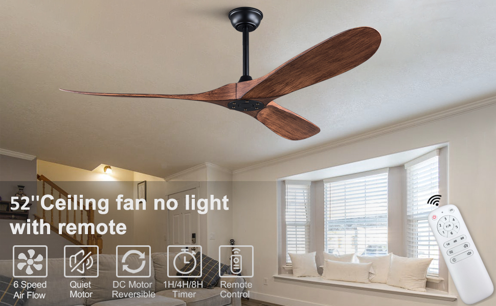 OMYU 52 Inch Ceiling Fan without Lights, Brown Modern 3