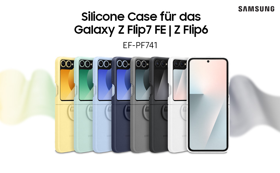 Text reads 'Silicone Case für das Galaxy Z Flip7 FE | Z Flip6', 'SAMSUNG', 'EF-PF741'. Phone cases shown in multiple colors including yellow, green, blue, and clear options.