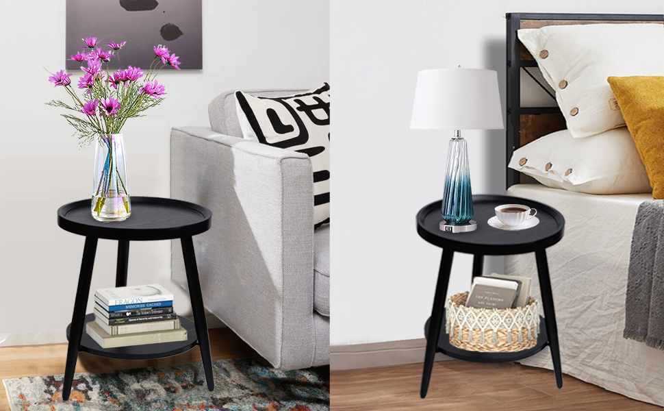 FANTERSI Small Black Side Table, 2Tier Round Side Table