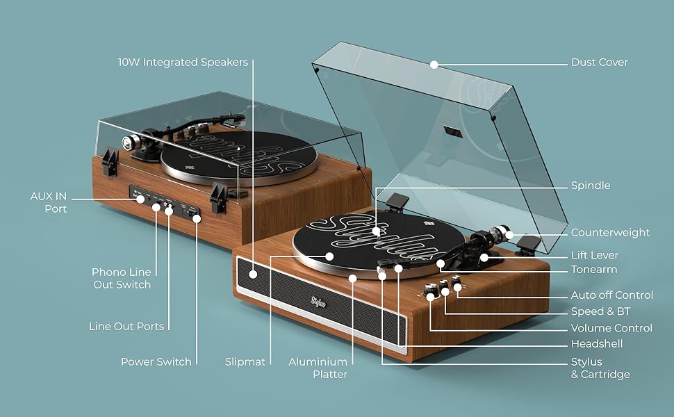 ibox Stylus, Record Player, Vinyl Record Player with Bluetooth, Turntable with