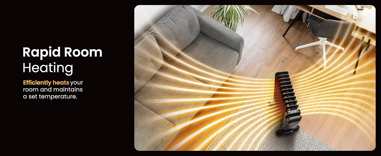 Living room scene with couch and lamp. Overlay of heat waves and 'Rapid Room Heating' text, suggesting a heating device advertisement.