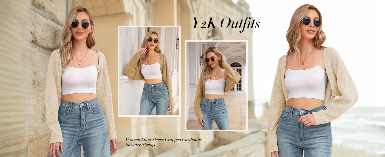 Women Long Sleeve Cropped Cardigans Sweater Shrugs Y2K Outfits