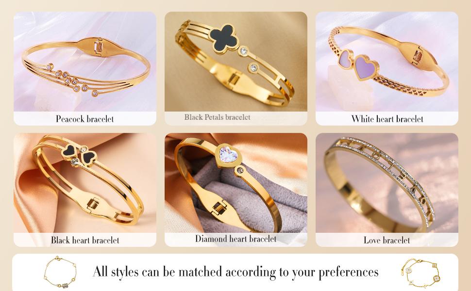 Bracelets Bangle Collection - 12 Unique Designs + Matching Diamond-Accent Titanium Steel Chain