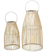 WHW Whole House Worlds Key West Bamboo Hurricane Lanterns, Set of 2, White Metal Frame, Loop Hand...