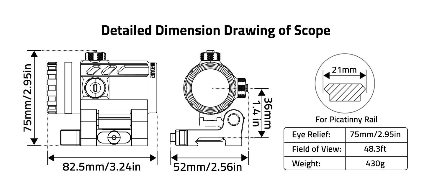 Detailed Dimension - CVLIFE JackalHowl 3X Red Dot Magnifier